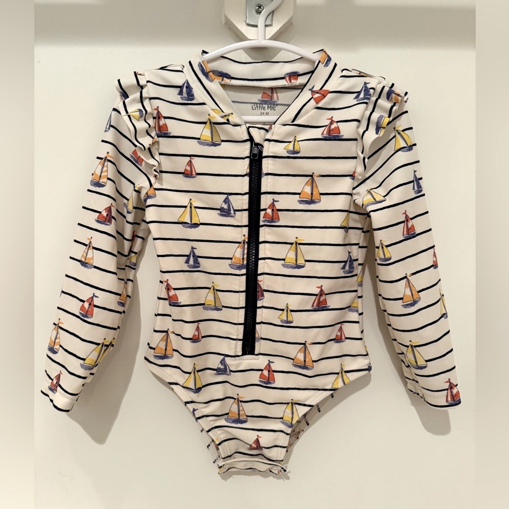 Little Me Sailboat Print Striped Baby Rashguard Long Sleeve Swimsuit, 24 M